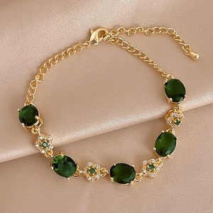 Bracelet Fleur Vintage Alliage Plaque Or Strass Ovale Vert Chaîne Réglable Bijoux Élégants Femmes