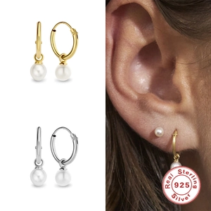 Minimalist S925 sterling silver hoop earrings featuring white pearl charms for women