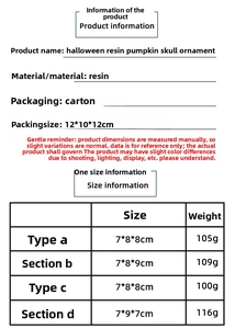 Detailed size chart for Halloween resin skull ornaments showing weights and dimensions