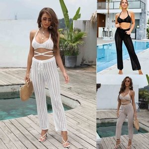 Conjunto de bikini de ganchillo y pantalón ancho para mujer en blanco, negro y beige