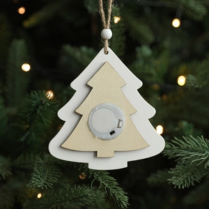 Wooden Christmas tree ornament with LED light, twin-layer design and hanging jute rope
