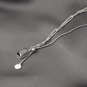 Double-layered 925 silver necklace with rectangular black zircon and paperclip chain style