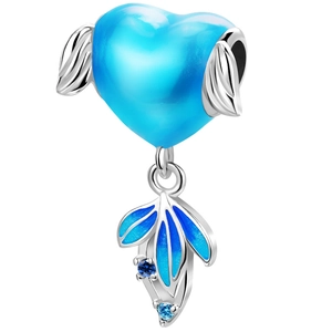 Detailed view of silver heart pendant with blue enamel wings and zircon accents