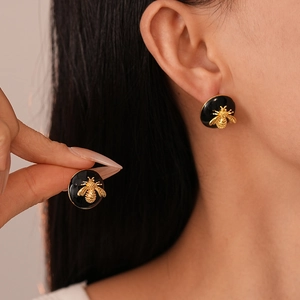 Elegant 3D bee round stud earrings with black enamel and gold plating for women