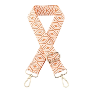 Adjustable 3.8cm wide orange and white geometric woven shoulder strap with gold hardware
