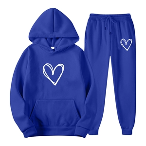 Dark blue hooded tracksuit set with white hand-drawn heart prints on flat lay view