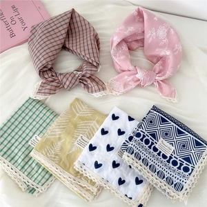 Pastoral Lace Trim Cotton Linen Square Scarf For Women Floral Plaid Heart Pattern Bandana Headwrap Decorative Neck Scarf
