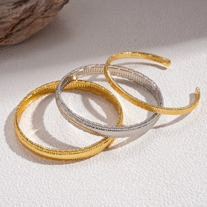 18k gold plated geometric textured cuff bracelet set with vertical striped metal pattern
