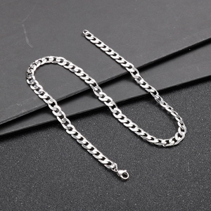 Detailed view of silver Cuban link chain necklace with polished stainless steel texture
