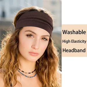 Elastic ribbed knit headband in deep brown, high-stretch sports hair band for women