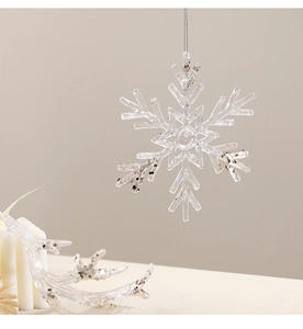 Macro detail of transparent acrylic snowflake ornament with sparkling silver glitter finish