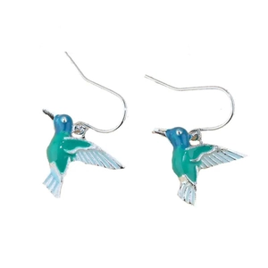 Detail view of hummingbird earrings with blue and green enamel glaze on silver hooks