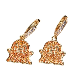 Cute gold ghost hoop earrings with orange zircon stones for Halloween accessories