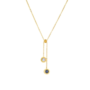 Gold titanium Roman numeral Y-necklace with blue zircon pendants on white background