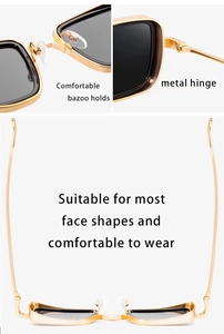 Detail view of gold metal square frame sunglasses with adjustable nose pads and hinges