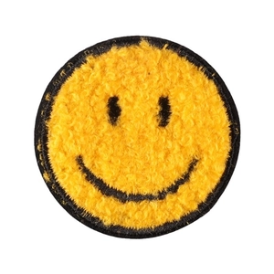 Classic yellow smiley face chenille embroidered patch with black border for clothing DIY