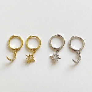 Asymmetric Star And Moon Hoop Earrings With Zircon 925 Sterling Silver Dainty Korean Style Jewelry For Women Girls