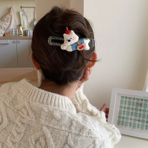 Cute plush puppy hair clip with plaid fabric wrap and heart detail for women hair styling
