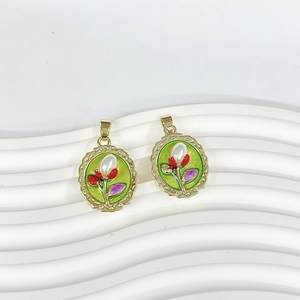 Vintage Monet style enamel flower oval pendant with white pearl in gold finish
