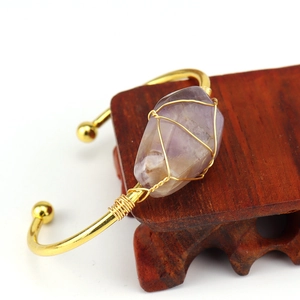 Handmade gold wire-wrapped natural purple amethyst raw crystal cuff bracelet with open band