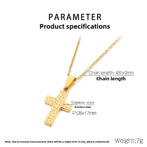 Detailed size specifications for the stainless steel cross pendant necklace in gold