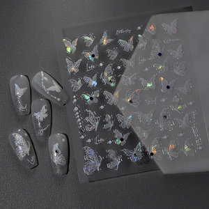 Laser butterfly nail stickers with holographic effect and lettering for manicure
