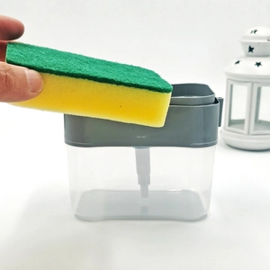 Distributeur de savon de cuisine avec porte-éponge, base transparente et pompe grise