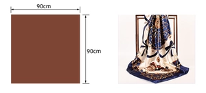 Detailed size guide of a 90x90cm vintage carriage print silk satin scarf with chain patterns