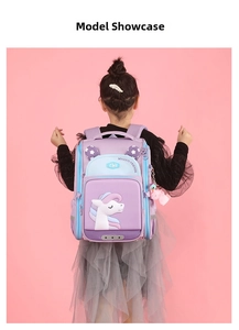 Rear view of unicorn school backpack with high-stretch fabric on child model