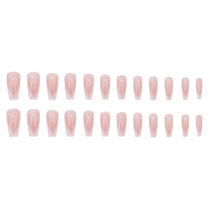 Pink French press-on nails with white V-shape tips in a long ballerina coffin shape