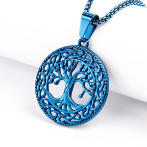 Blue stainless steel Tree of Life pendant necklace with Celtic knot circular design