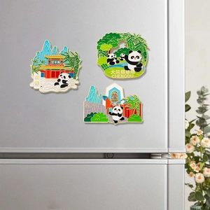 Chengdu souvenir panda fridge magnets featuring Qingyang Palace and Kuanzhai Alley