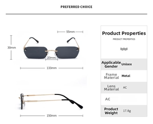 Detail view of rimless diamond-cut sunglasses with gold metal temples and dimensions