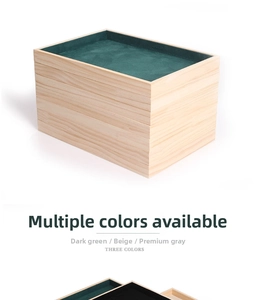 Stackable solid wood jewelry tray with dark green velvet lining for necklace display