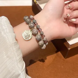 Double Layered Beaded Bracelet Natural Stone Purple Glass Crystal Leaf Tree Pendant Retro Elegant Jewelry For Women