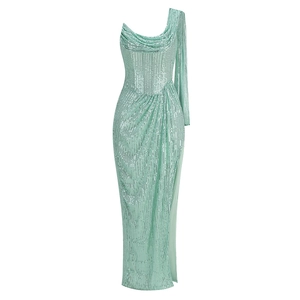 Elegant mint green one-shoulder sequin maxi dress with pleated waist and high side slit