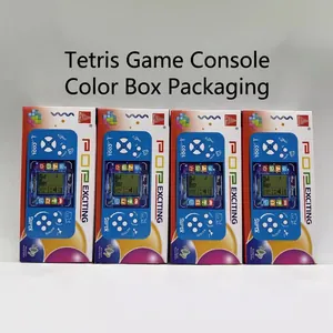 Classic handheld Tetris game console for kids in blue casing with color box packaging
