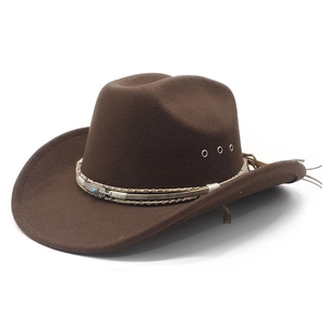 Chapeau de cowboy western marron foncé en laine à larges bords avec pierre turquoise