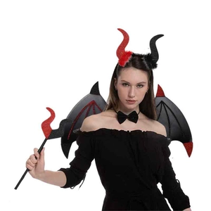 Halloween devil wings set with sequin horn headband and wand for party cosplay