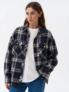 Damen Karohemd Jacke mit blau-weißem Karomuster und goldenen Metallknöpfen