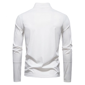 Macro shot of white long-sleeve UPF 100+ shirt back view showing technical fabric texture
