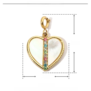 Detail view of heart shell pendant with dimensions and stainless steel material info