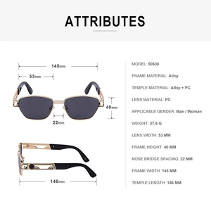 Steampunk rectangular metal sunglasses with gold alloy frame and size measurements