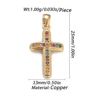 Detailed view of gold plated copper cross pendant with dimensions and weight specs