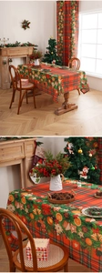 Detailed Christmas tablecloth with poinsettia, pine cones, and festive plaid pattern