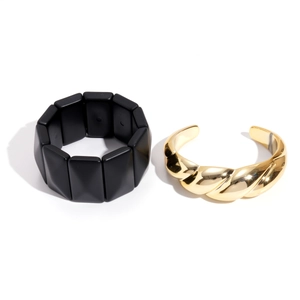 Minimalist gold croissant twisted bangle and matte black rectangle block stretch bracelet set