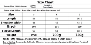 Size chart and fabric composition details for women's tweed pocket zipper jacket