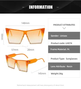 Sunglasses size chart showing 148mm total width and 145mm temple length for PC frame