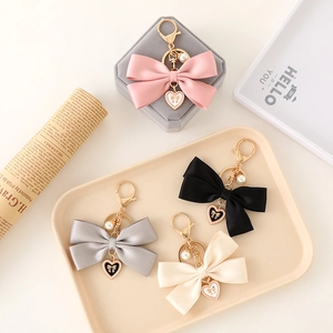 Satin Ribbon Bow Keychain With Imitation Artificial Pearl And Heart Pendant Bag Charm Sweet Elegant Fashionable Accessory For Women