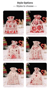 Detail of six Christmas burlap drawstring gift bags with red festive prints and cotton ropes